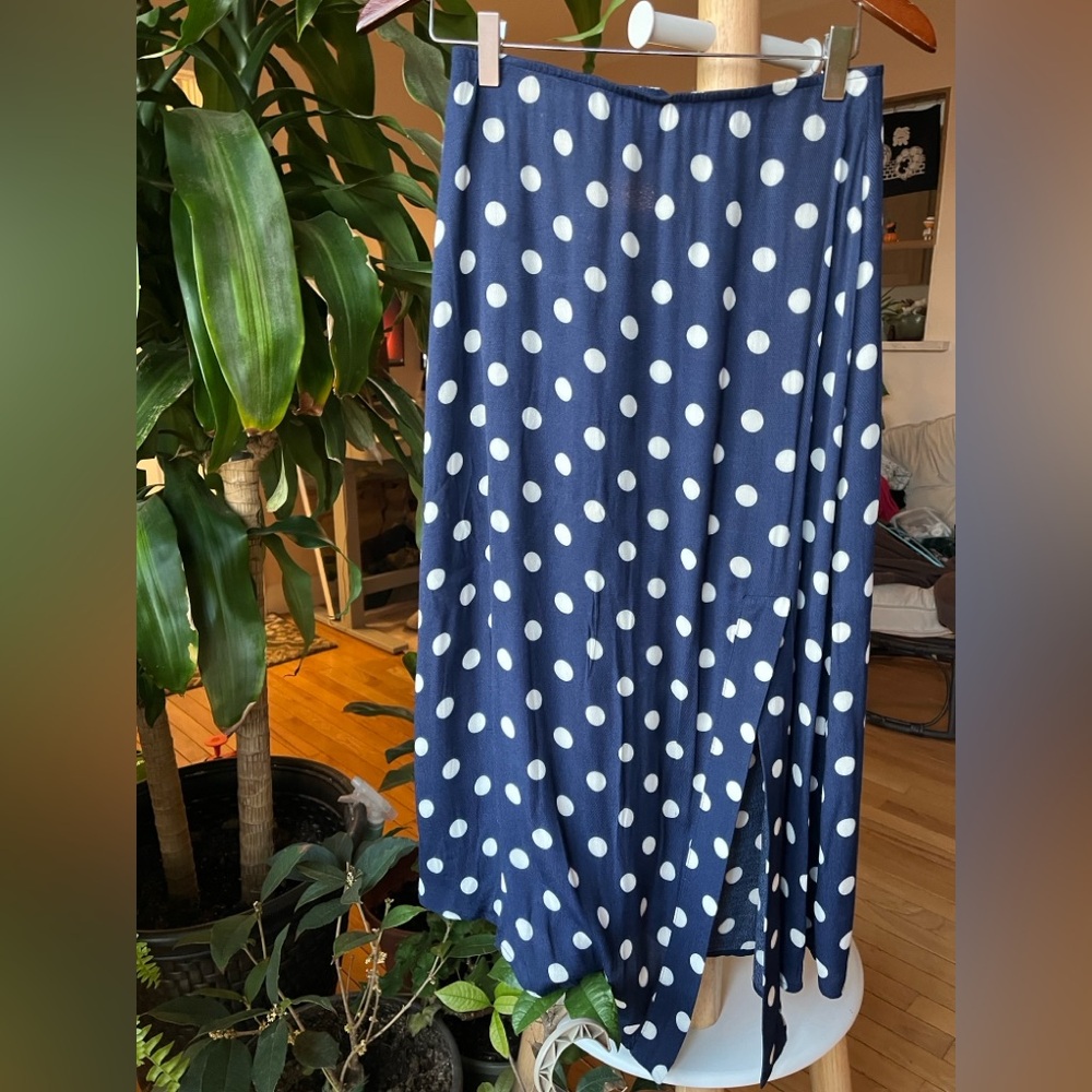 Mango Navy Blue Polka Dot Midi Skirt with White Dots
